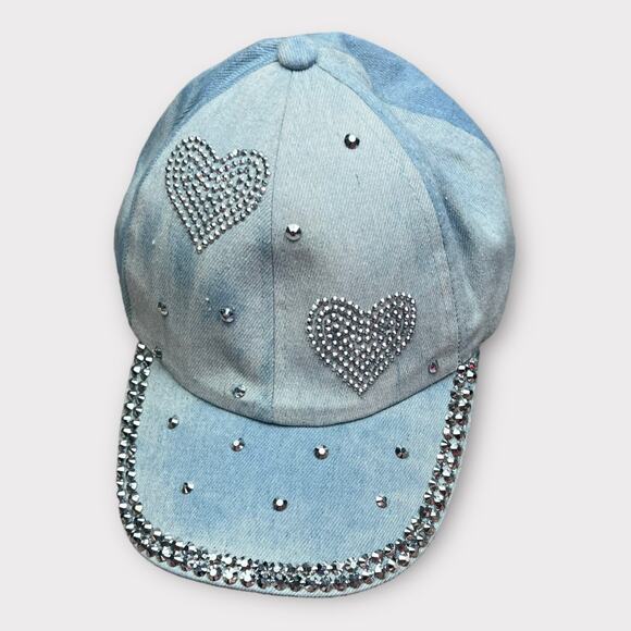 Baseball Denim Adjustable Cap | Double Rhinestone Hearts Design Blue/Silver - Picture 3 of 5